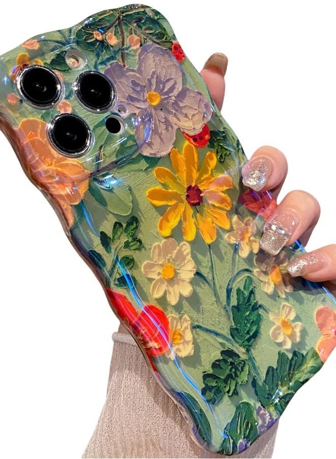 Amytor for iPhone 14 Pro Max Case, Colorful Retro Oil Painting Printed Flower Laser Glossy Pattern Cute Curly Wave Edge Exquisite Phone Cover Stylish Durable TPU Protective Case (Purple Yellow White) - Image 1