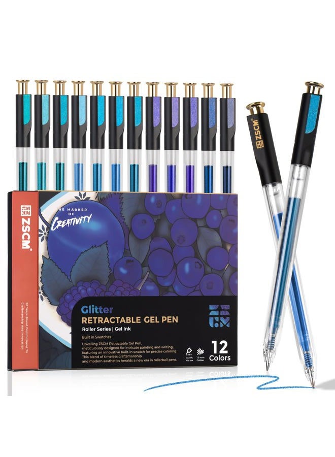 ZSCM Retractable Glitter Gel Pens, 12 Colors Large Capacity Blue Glitter Metallic Gel Ink Pen, 1 mm Fine Point Smooth Writing Color Pens for Adult Coloring Book Note Taking Aesthetic Art Supplies - Image 1