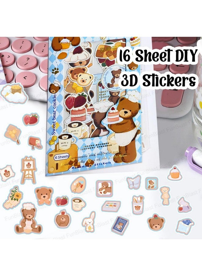 فنبلاست مجموعة ملصقات FunBlast PVC Kawaii من 16 ورقة (100 قطعة) DIY ثلاثية الأبعاد للفتيات، ملصقات جمالية، تدوين اليوميات، سجل القصاصات، لطيفة (Softbear-4 × 4 = 16 ورقة ذاتية اللصق، جدار، 10 سم، 19 سم) - Image 4