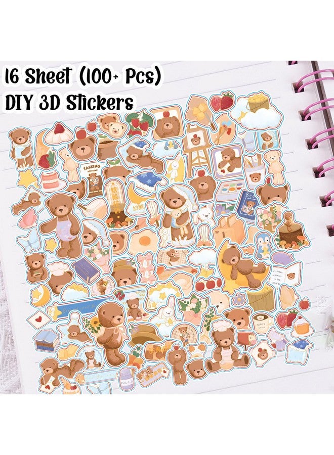 فنبلاست مجموعة ملصقات FunBlast PVC Kawaii من 16 ورقة (100 قطعة) DIY ثلاثية الأبعاد للفتيات، ملصقات جمالية، تدوين اليوميات، سجل القصاصات، لطيفة (Softbear-4 × 4 = 16 ورقة ذاتية اللصق، جدار، 10 سم، 19 سم) - Image 3