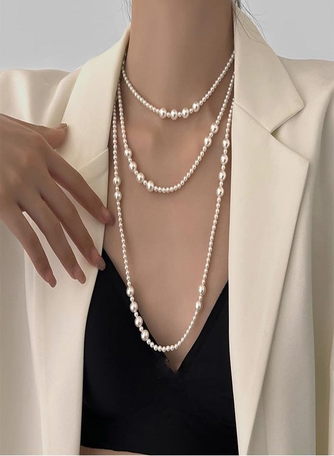 Wiwpar 1920s Long White Pearl Beaded Necklace Vintage Pearl Strands Flapper Beads Necklace Faux Pearl Strand Layered Costume Jewelry Accessories for Women - Image 3