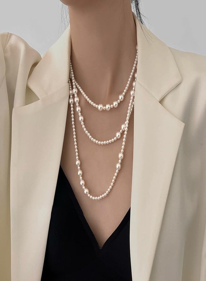 Wiwpar 1920s Long White Pearl Beaded Necklace Vintage Pearl Strands Flapper Beads Necklace Faux Pearl Strand Layered Costume Jewelry Accessories for Women - Image 2