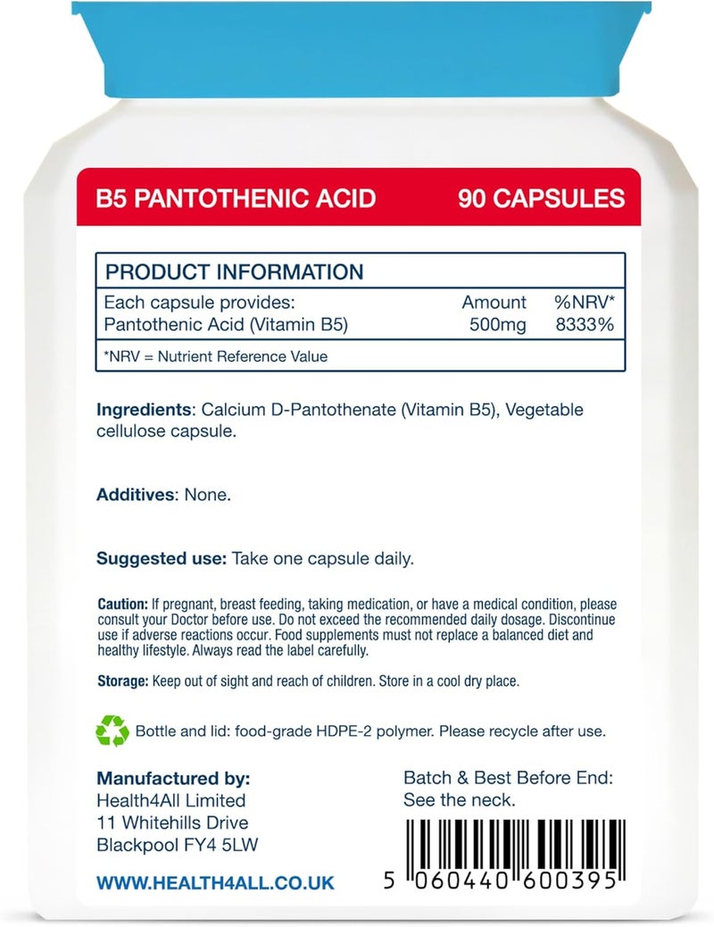 Health4All Vitamin B5 Pantothenic Acid 500mg 90 Capsules 3 Months Supply Purest No Additives Vitamin B5 Capsules not Tablets Vegan GlutenFree High Strength 8333 NRV Supplement Made in UK - Image 5