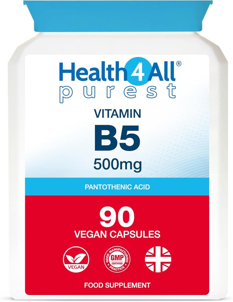 Health4All Vitamin B5 Pantothenic Acid 500mg 90 Capsules 3 Months Supply Purest No Additives Vitamin B5 Capsules not Tablets Vegan GlutenFree High Strength 8333 NRV Supplement Made in UK - Image 1