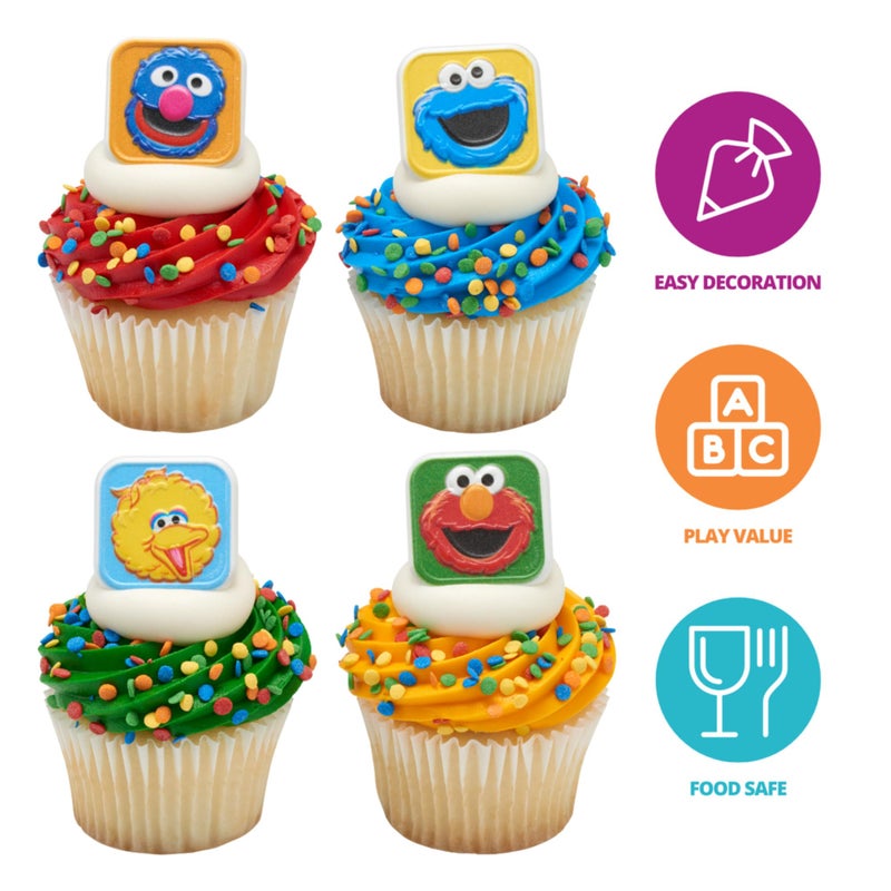 DecoPac Sesame Street Rings, 24 Cupcake Toppers Featuring Elmo, Big Bird, Cookie Monster, Grover, Bright Colorful Cupcake Decorations, Food Safe - 24 Pack - Image 2