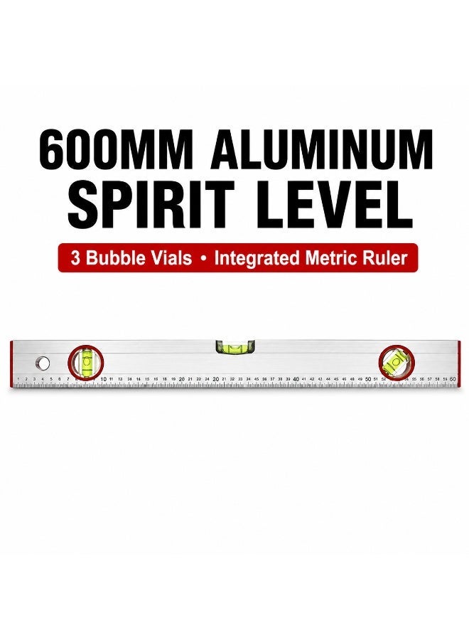 Sparta 600mm Aluminum Spirit Level with Built-In Ruler, 24 Inch 3-Vial Bubble Level for Horizontal Vertical & 45° Measuring, Carpentry, Tiling, Shelving, Construction and DIY - Image 1