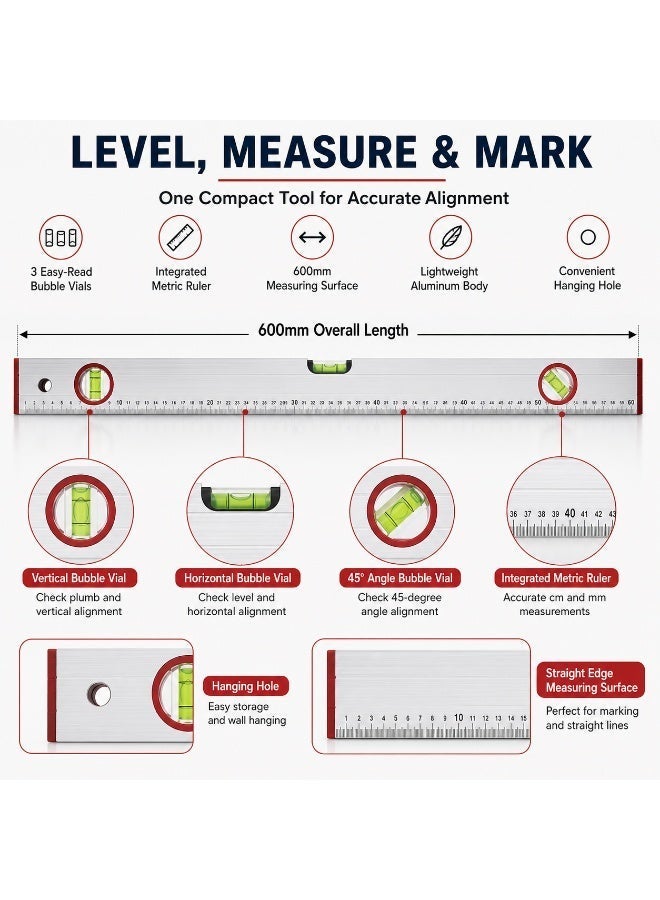 Sparta 600mm Aluminum Spirit Level with Built-In Ruler, 24 Inch 3-Vial Bubble Level for Horizontal Vertical & 45° Measuring, Carpentry, Tiling, Shelving, Construction and DIY - Image 2