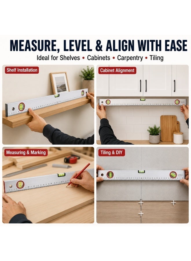 Sparta 600mm Aluminum Spirit Level with Built-In Ruler, 24 Inch 3-Vial Bubble Level for Horizontal Vertical & 45° Measuring, Carpentry, Tiling, Shelving, Construction and DIY - Image 3