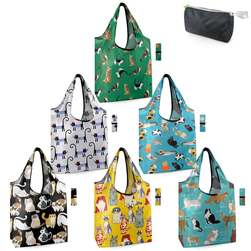 BeeGreen Gifts for Cat Lovers 6 Pack Cats Reusable Grocery Bags with Elastic Band Reusable Shopping Bags Bulk 50LBS X-Large Foldable-Machine Washable-Heavy Duty Kitten Bags - Image 1