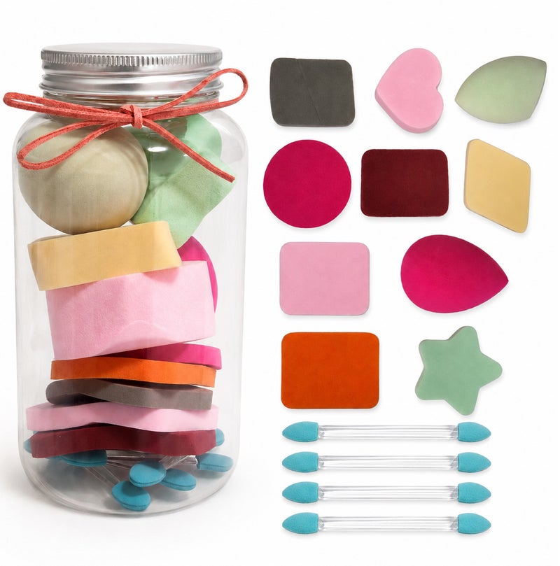 Me Now 14 Pcs Makeup Sponge Set with Storage Jar, Cosmetic Foundation Sponge Puffs and Eyeshadow Applicators, Multi-Shape Beauty Sponges for Liquid, Cream and Powder Makeup - Image 1
