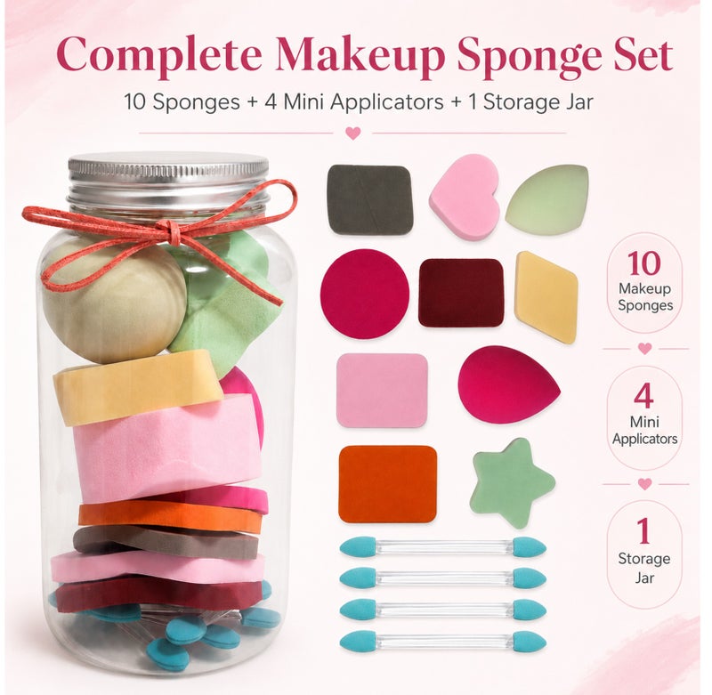 Me Now 14 Pcs Makeup Sponge Set with Storage Jar, Cosmetic Foundation Sponge Puffs and Eyeshadow Applicators, Multi-Shape Beauty Sponges for Liquid, Cream and Powder Makeup - Image 2