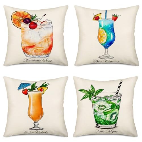 Fukeen Summer Time Throw Pillow Cases Set of 4 Tiki Bar Mai Tai Cocktail Decorative Cushion Covers Blue Hawaiian Kiwi Mojito Quotes Cotton Linen Pillowcase Holiday Home Couch Decor Square 18x18 Inch