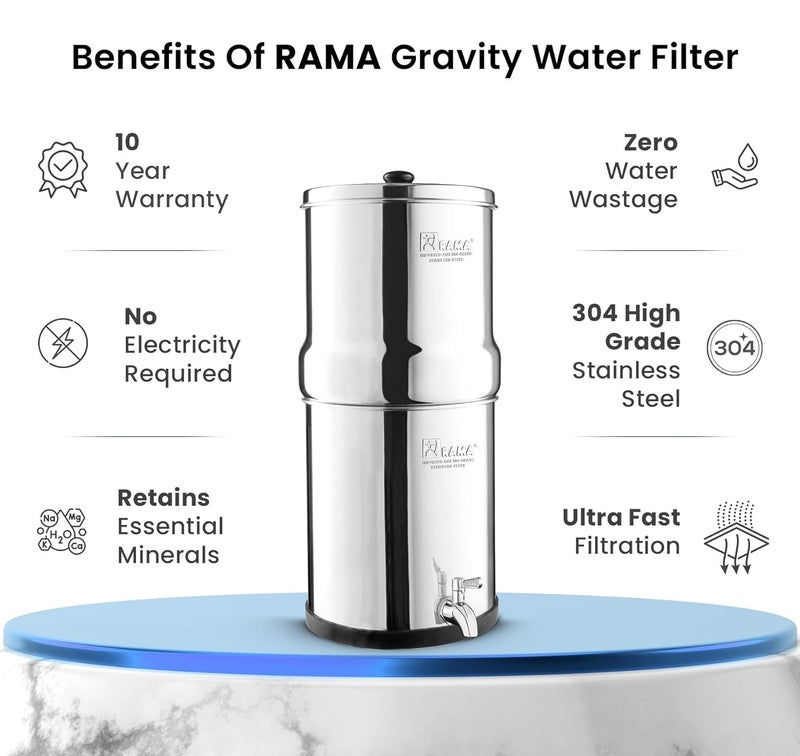 RAMA RAMA Gravity Water Filter 24L Total Capacity 12L Storage 304 Stainless Steel NonElectric Purifier for Home Includes 2 Carbon Candles Steel Tap 10Year Warranty  - Image 2