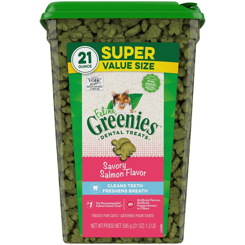 Greenies Feline Veterinarian-Recommended Adult Natural Dental Cat Treats, Savory Salmon Flavor, 21 oz. Tub - Image 1