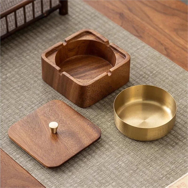 Walnut ashtray high-value walnut solid wood home living room high-end office with cover anti-fly grey(Walnut Ashtray-Golde,2pcs) - Image 4