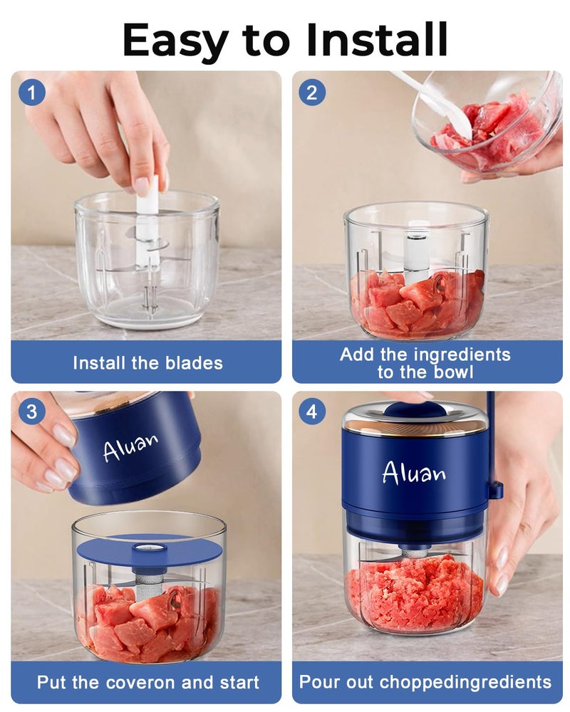 Aluan Mini Electric Chopper for Kitchen, 250ML Portable USB Rechargeable Food Processor with Sharp 6 Stainless Steel Blades, One-Touch Operation, for Garlic, Onion, Nuts, Ginger, Vegetables - Image 4