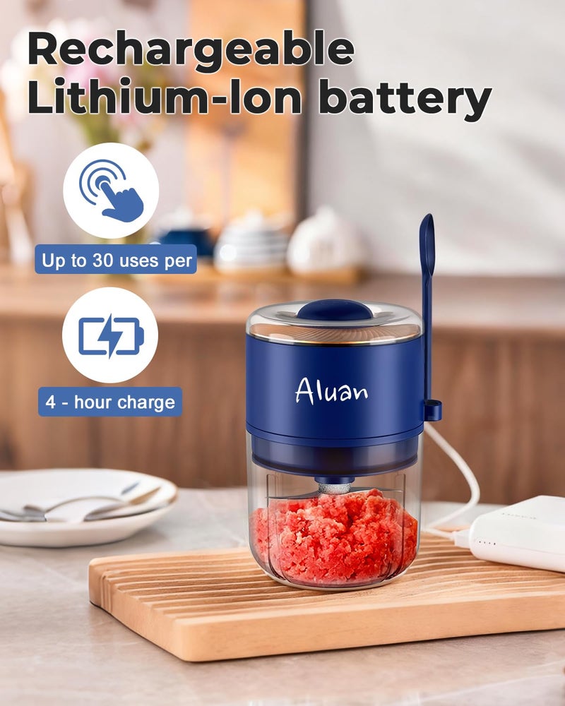 Aluan Mini Electric Chopper for Kitchen, 250ML Portable USB Rechargeable Food Processor with Sharp 6 Stainless Steel Blades, One-Touch Operation, for Garlic, Onion, Nuts, Ginger, Vegetables - Image 2