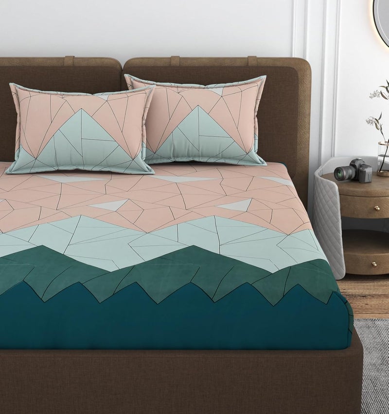 VOMZER 320 TC Cotton Feel All Around Elastic Fitted Bedsheets King Size, Premium Fitted Bedsheets King Size for Double Bed with 2 Pillow Covers, Size- 78” x 72” Green - Image 1