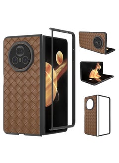 For Honor Magic V3 Black Frame Woven Texture PU Phone Case(Brown)