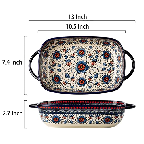 Bicuzat Vintage Style Pottery Bakeware Ceramic Casserole Dish Baking Pan Lasagna Pans Baking Dish with Handles for Oven/Cooking/Kitchen-1 PCS, Large Capacity, 60 OZ - Image 2