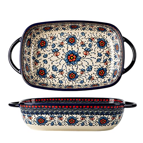 Bicuzat Vintage Style Pottery Bakeware Ceramic Casserole Dish Baking Pan Lasagna Pans Baking Dish with Handles for Oven/Cooking/Kitchen-1 PCS, Large Capacity, 60 OZ - Image 1