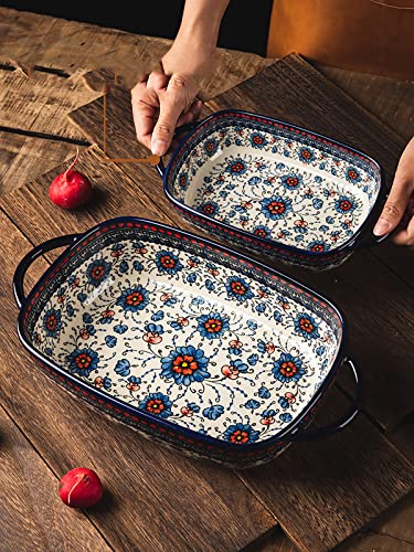 Bicuzat Vintage Style Pottery Bakeware Ceramic Casserole Dish Baking Pan Lasagna Pans Baking Dish with Handles for Oven/Cooking/Kitchen-1 PCS, Large Capacity, 60 OZ - Image 3