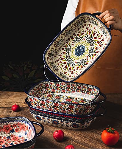 Bicuzat Vintage Style Pottery Bakeware Ceramic Casserole Dish Baking Pan Lasagna Pans Baking Dish with Handles for Oven/Cooking/Kitchen-1 PCS, Large Capacity, 60 OZ - Image 5