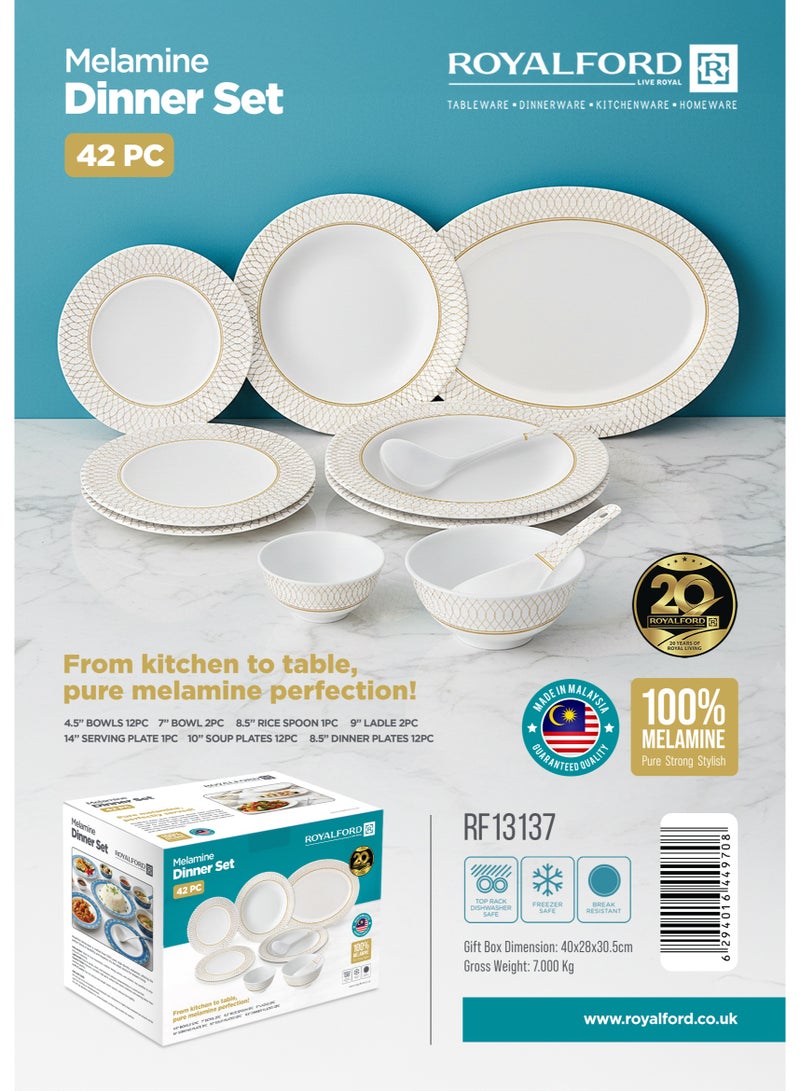 Royalford Melamine 42pcs Dinner Set RF13137 Soup Bowls Serving Spoon Dinnerware Plates Shatterproof Dishwasher, Freezer Safe Made in Malaysia - Image 2
