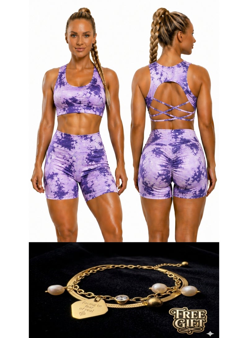 Free Gift Included Women's 2-Piece Tie-Dye Sports Bra and Shorts Set – High-Waist Scrunch - Image 1
