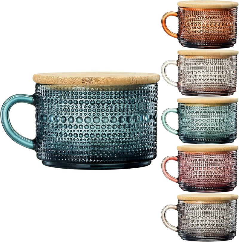 Khen Fall Colors Glass Coffee Mugs Set With Handles Spoons  Lid  Set of 6  15oz Hobnail Embossed With Bamboo Lids  Gold Spoons Glassware Mug Bubble Glasses  Cute Cups Coffee Tea Oats Colored - Image 2