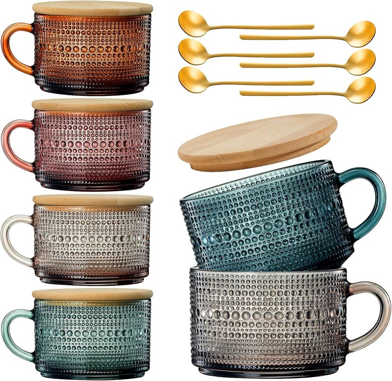 Khen Fall Colors Glass Coffee Mugs Set With Handles Spoons  Lid  Set of 6  15oz Hobnail Embossed With Bamboo Lids  Gold Spoons Glassware Mug Bubble Glasses  Cute Cups Coffee Tea Oats Colored - Image 1