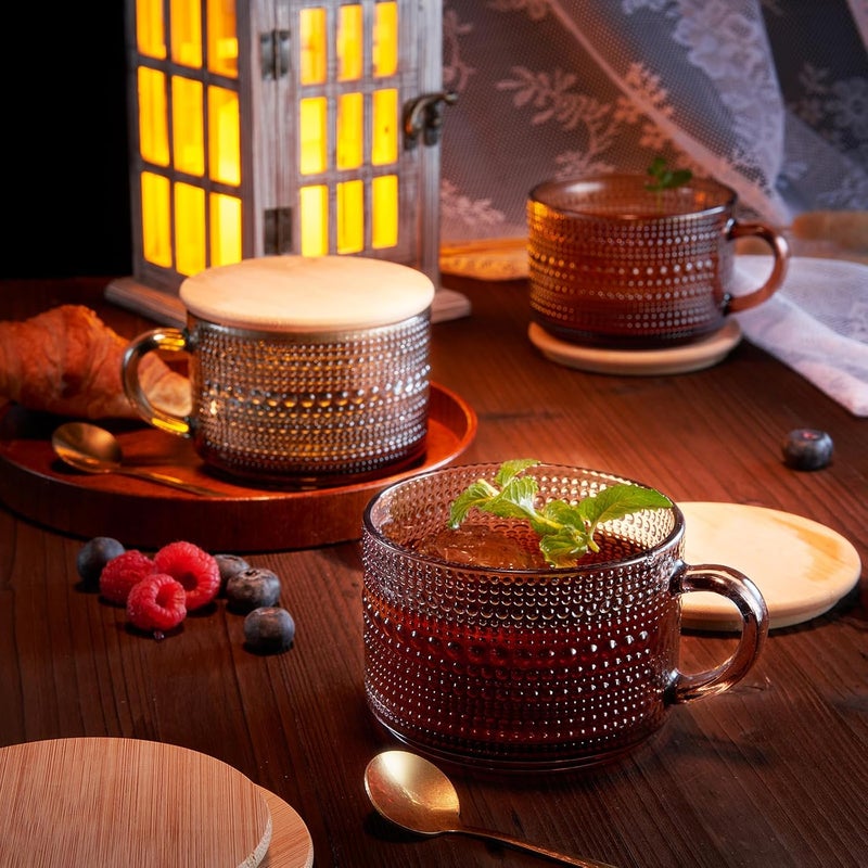 Khen Fall Colors Glass Coffee Mugs Set With Handles Spoons  Lid  Set of 6  15oz Hobnail Embossed With Bamboo Lids  Gold Spoons Glassware Mug Bubble Glasses  Cute Cups Coffee Tea Oats Colored - Image 4