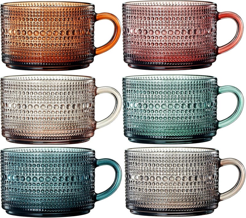 Khen Fall Colors Glass Coffee Mugs Set With Handles Spoons  Lid  Set of 6  15oz Hobnail Embossed With Bamboo Lids  Gold Spoons Glassware Mug Bubble Glasses  Cute Cups Coffee Tea Oats Colored - Image 5