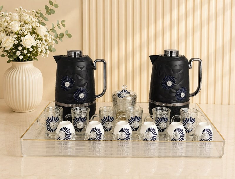 Radin 22 Pieces Arabic Tea & Coffee Set with 2 Thermos Flasks, 6 Tea Cups, 6 Saucers, 6 Arabic Qahwa Cups, Serving Tray & Sugar Bowl with Lid | Luxury Arabic Hospitality Serving Set - Image 2