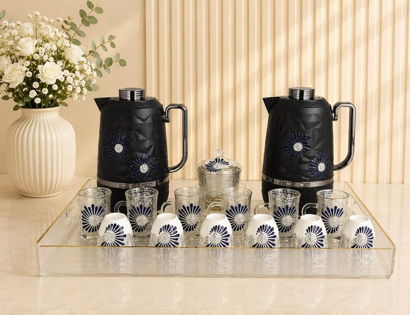 Radin 22 Pieces Arabic Tea & Coffee Set with 2 Thermos Flasks, 6 Tea Cups, 6 Saucers, 6 Arabic Qahwa Cups, Serving Tray & Sugar Bowl with Lid | Luxury Arabic Hospitality Serving Set - Image 3