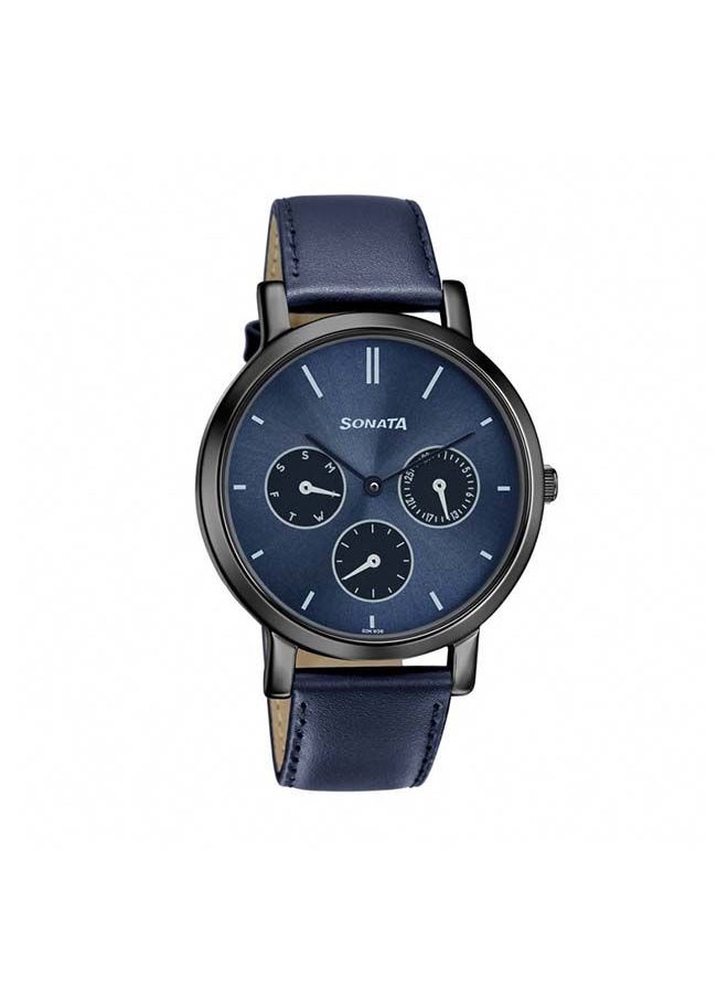 Sonata - Round Shape Leather Band Chronograph Wrist Watch 8164NL04 - 36 mm - Blue - Image 1