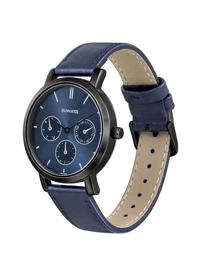 Sonata - Round Shape Leather Band Chronograph Wrist Watch 8164NL04 - 36 mm - Blue - Image 1