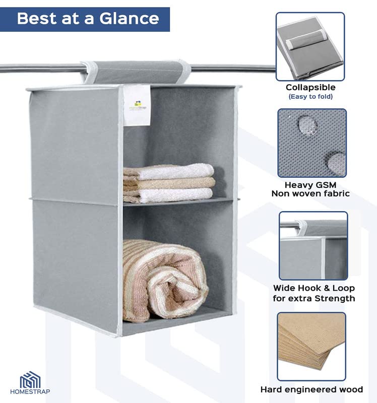 HomeStrap Non-Woven Non Woven Fabric Hanging 2 Shelf/Compartment Clothes Storage Wardrobe Organizer - (Grey)|(Pack Of 2)(Shark Tank Product) - Image 3