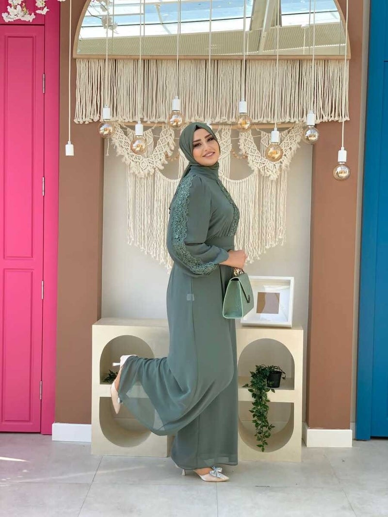 Bym Fashion Bym Lace Embroidery Detail Sleeve Cuffs Elastic Chiffon Jumpsuit 3730 Mint - Image 2