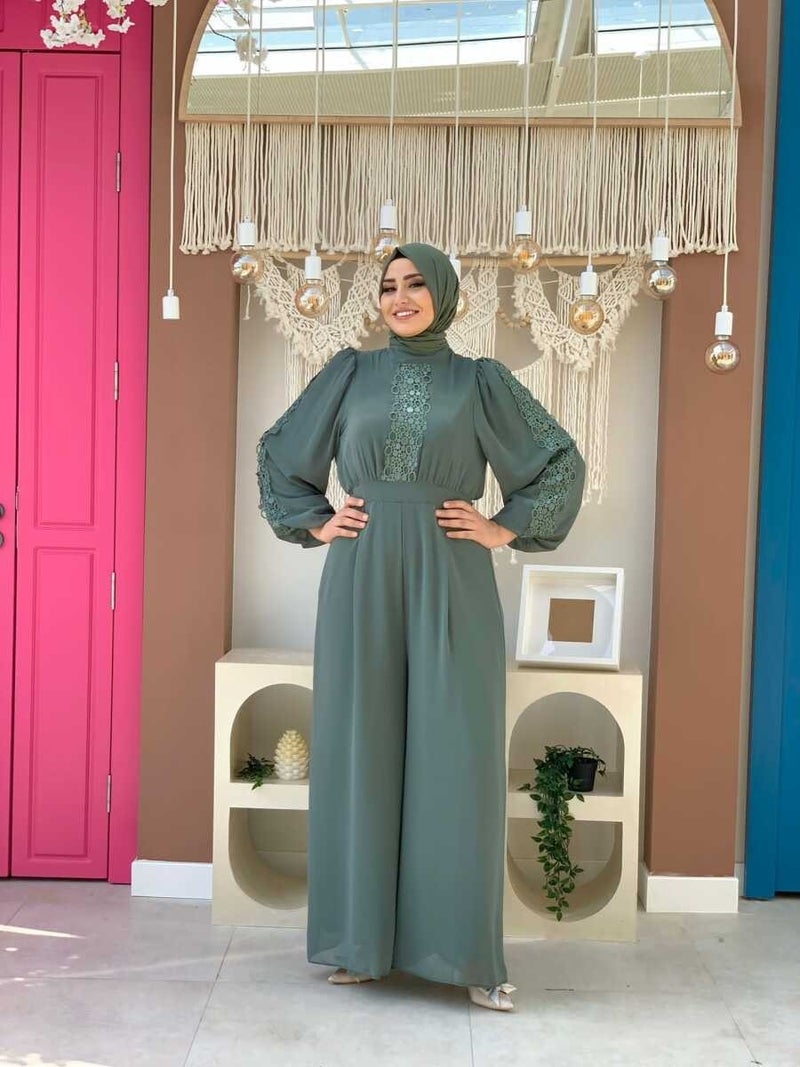 Bym Fashion Bym Lace Embroidery Detail Sleeve Cuffs Elastic Chiffon Jumpsuit 3730 Mint - Image 1
