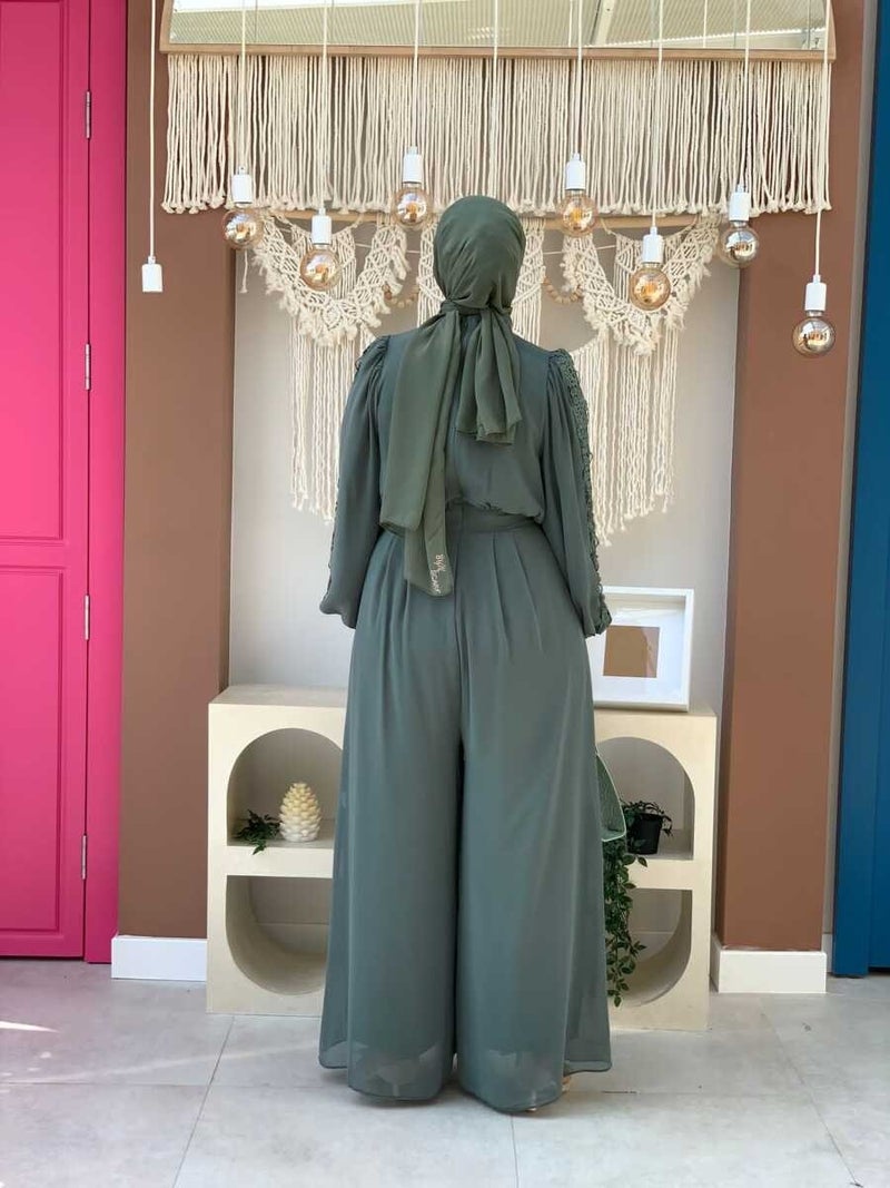 Bym Fashion Bym Lace Embroidery Detail Sleeve Cuffs Elastic Chiffon Jumpsuit 3730 Mint - Image 3