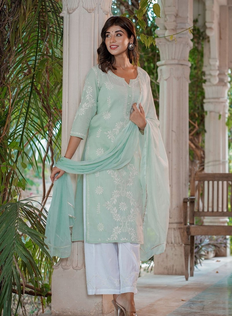 Swadesh Souq طقم سوت قطن لكهنوي بتطريز شيكانكاري باللون الأخضر - Image 2