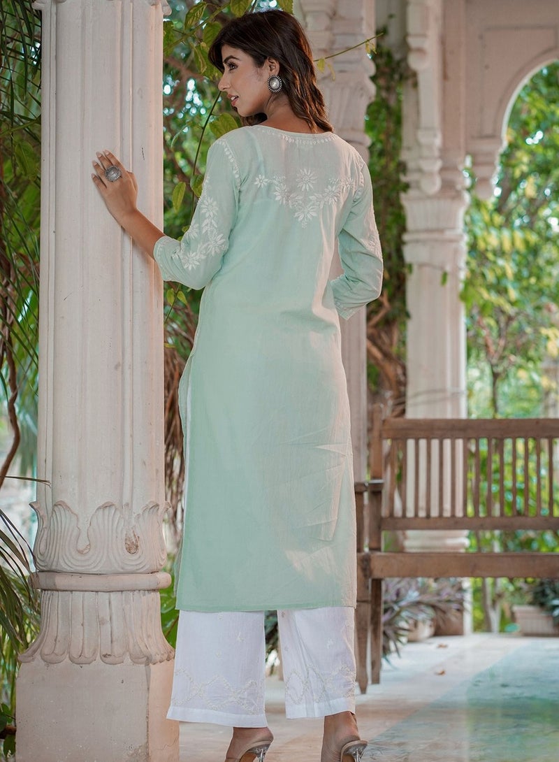 Swadesh Souq طقم سوت قطن لكهنوي بتطريز شيكانكاري باللون الأخضر - Image 4