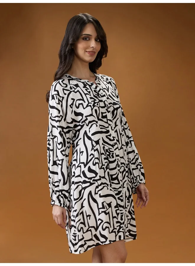 جلو باص Women Black Mandarin Collar Raglan Sleeves Abstract Print Pleated Detail Mini A-Line Shirt Dress