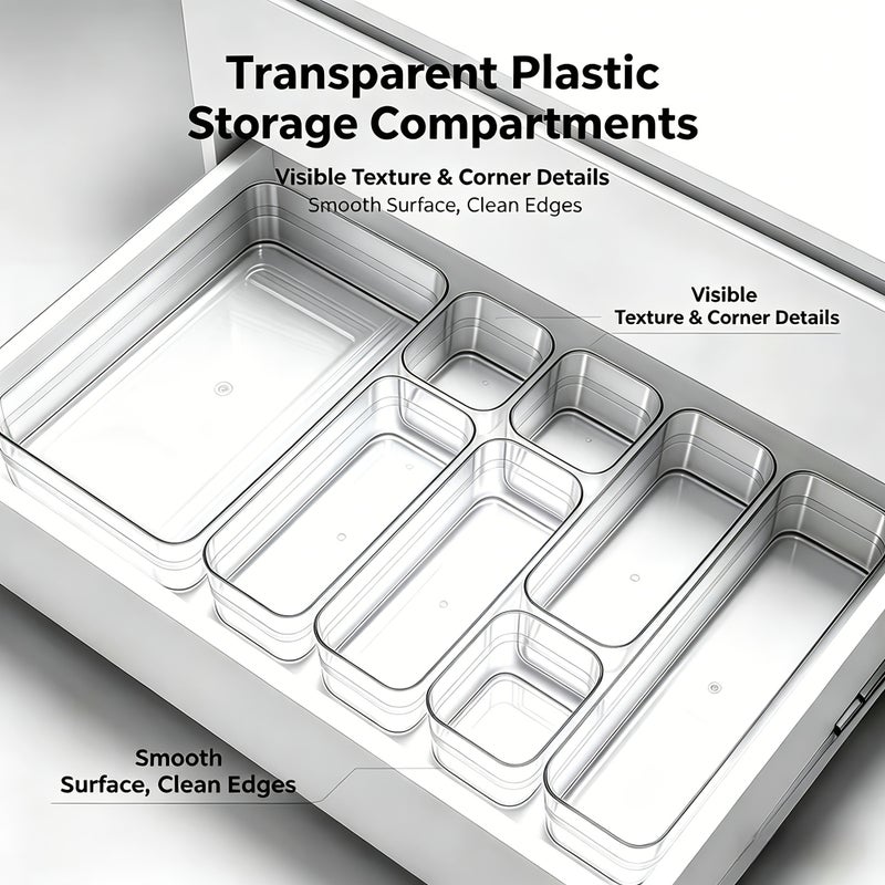 6pcs Clear Drawer Organizer Set, Versatile Stackable Plastic Storage Bins for Makeup, Bathroom, Vanity, Kitchen Gadgets, Office Desk, Jewelry Dividers, Underwear and Sock Storage - Image 4