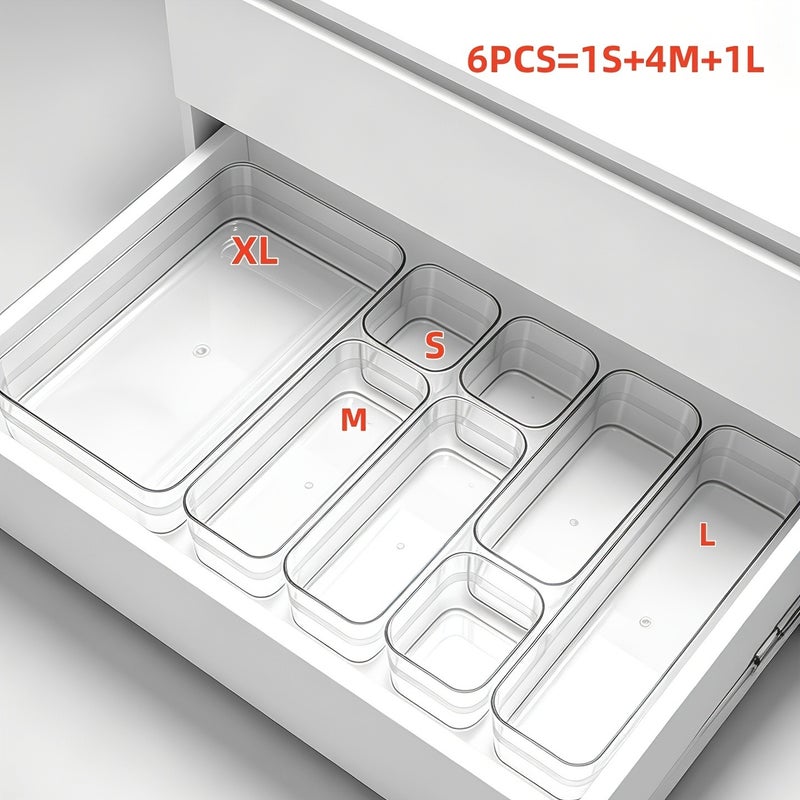 6pcs Clear Drawer Organizer Set, Versatile Stackable Plastic Storage Bins for Makeup, Bathroom, Vanity, Kitchen Gadgets, Office Desk, Jewelry Dividers, Underwear and Sock Storage - Image 1