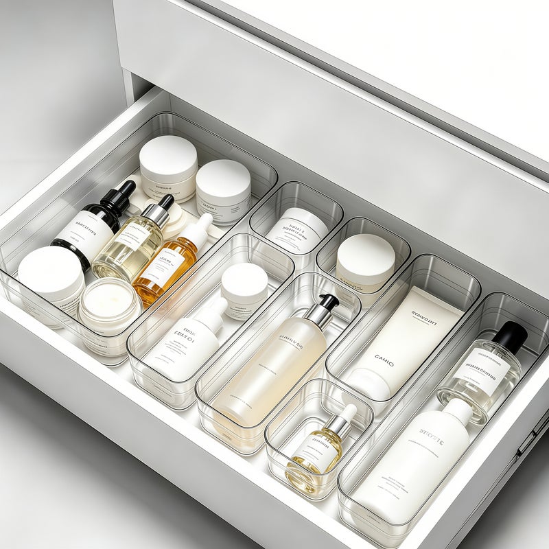 6pcs Clear Drawer Organizer Set, Versatile Stackable Plastic Storage Bins for Makeup, Bathroom, Vanity, Kitchen Gadgets, Office Desk, Jewelry Dividers, Underwear and Sock Storage - Image 2