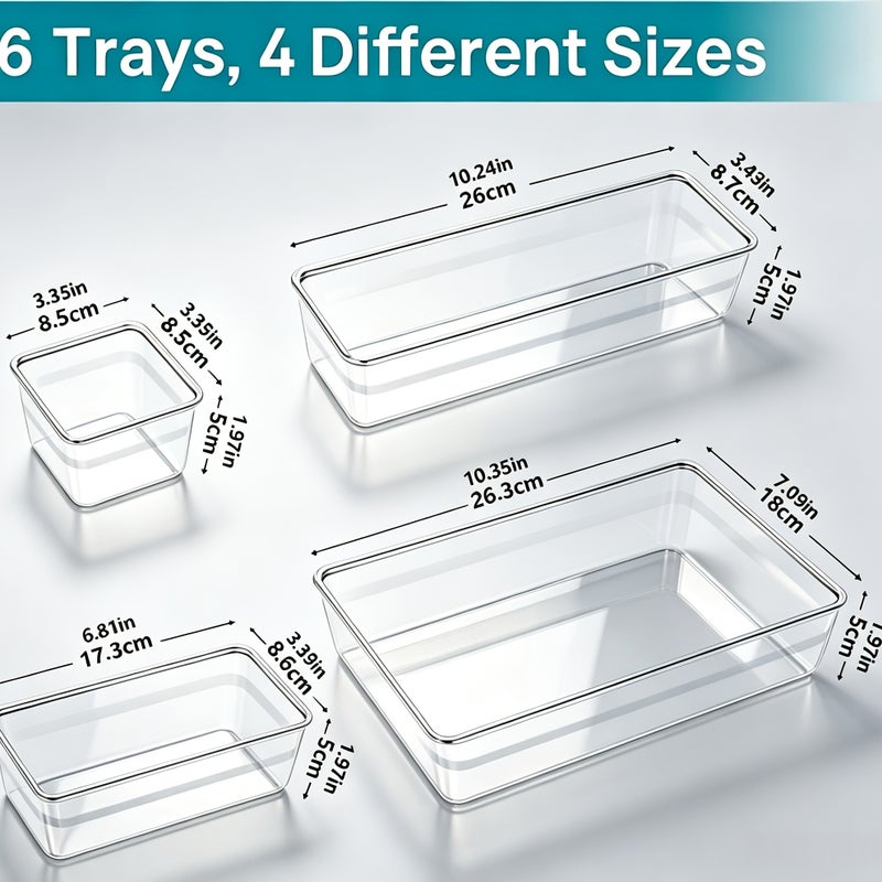 6pcs Clear Drawer Organizer Set, Versatile Stackable Plastic Storage Bins for Makeup, Bathroom, Vanity, Kitchen Gadgets, Office Desk, Jewelry Dividers, Underwear and Sock Storage - Image 5