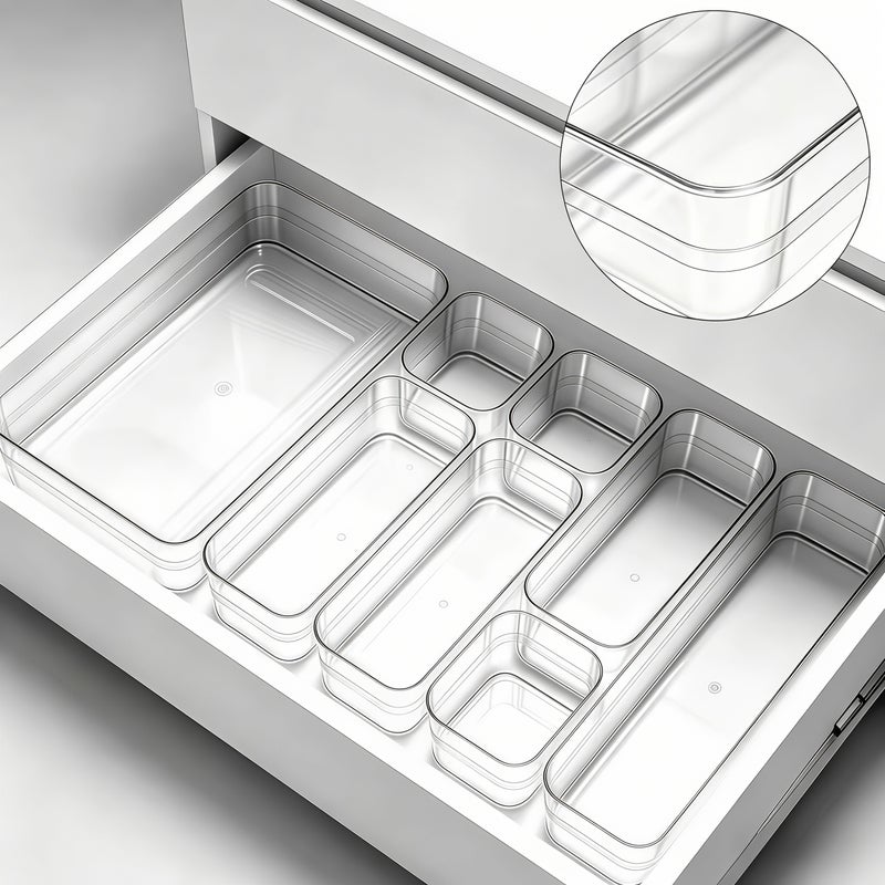 6pcs Clear Drawer Organizer Set, Versatile Stackable Plastic Storage Bins for Makeup, Bathroom, Vanity, Kitchen Gadgets, Office Desk, Jewelry Dividers, Underwear and Sock Storage - Image 3