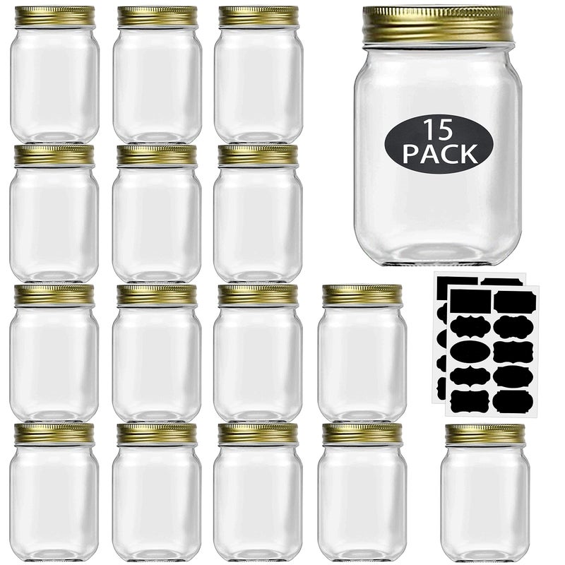16 oz Mason Jars With Lids Regular Mouth 15 Pack16 oz Glass Jars with Gold LidsBulk Pint Clear Glass Jars For Meal Prep Food Storage With 20 Labels